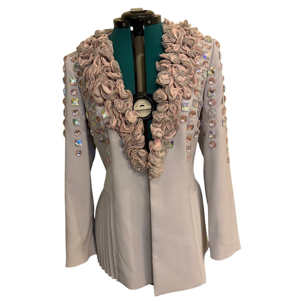 Louise Ricci Embellished Blazer Jacket Rhinestone Ruffle Corset Back Sz 14 Gray